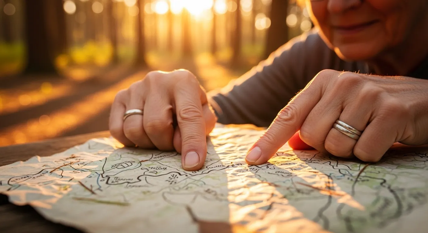 A close-up of a senior's hands holding a hiking map, with a beautiful, sunlit nature trail blurred in the background.