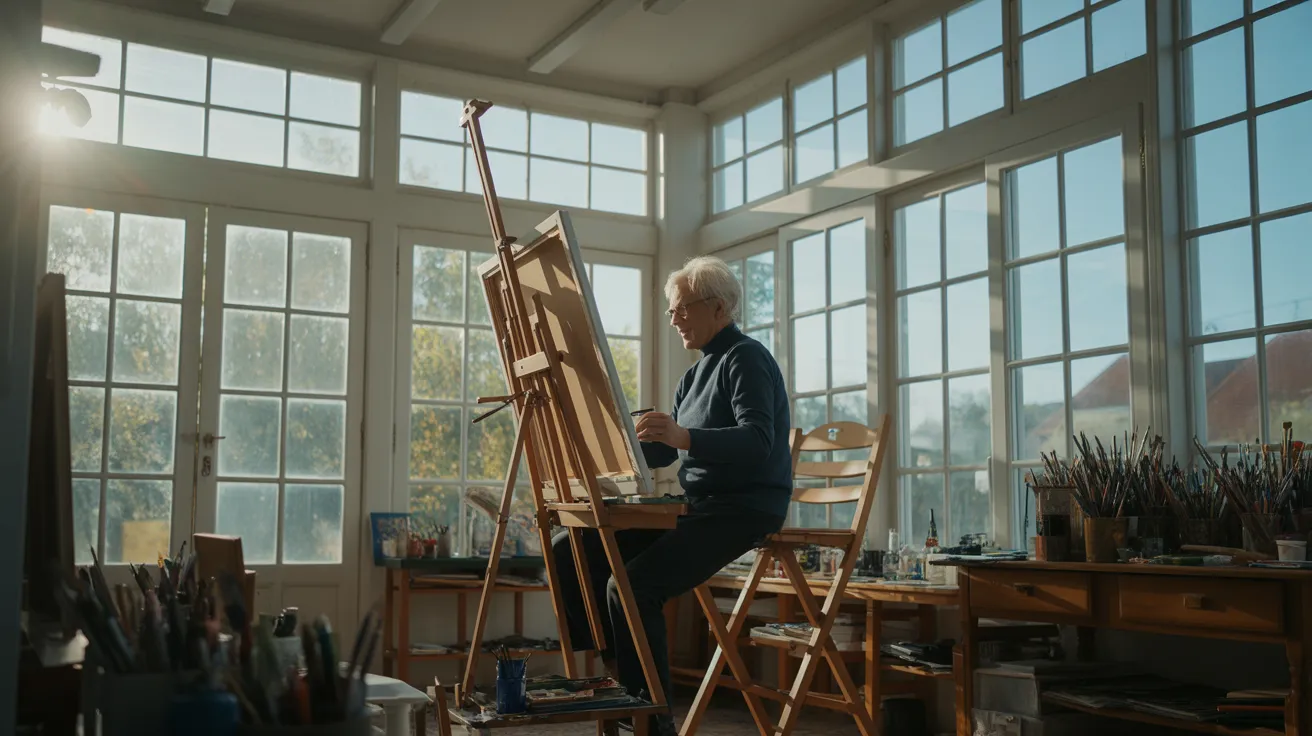 A senior person painting on a canvas in a bright sunroom, with strong sunlight creating dramatic shadows across the floor.