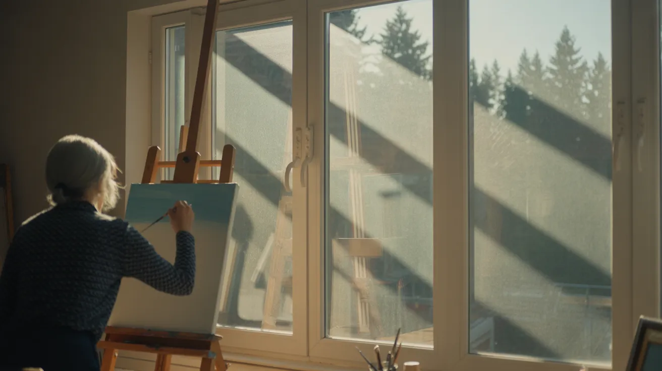 An ultra-wide view of a senior woman painting at an easel in a sun-drenched room, with strong shadows cast by the bright midday sun.