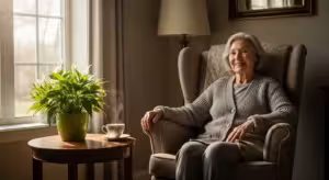 A senior woman smiles peacefully while sitting in a sunlit armchair by a window, holding a mug. The room is bright and welcoming.