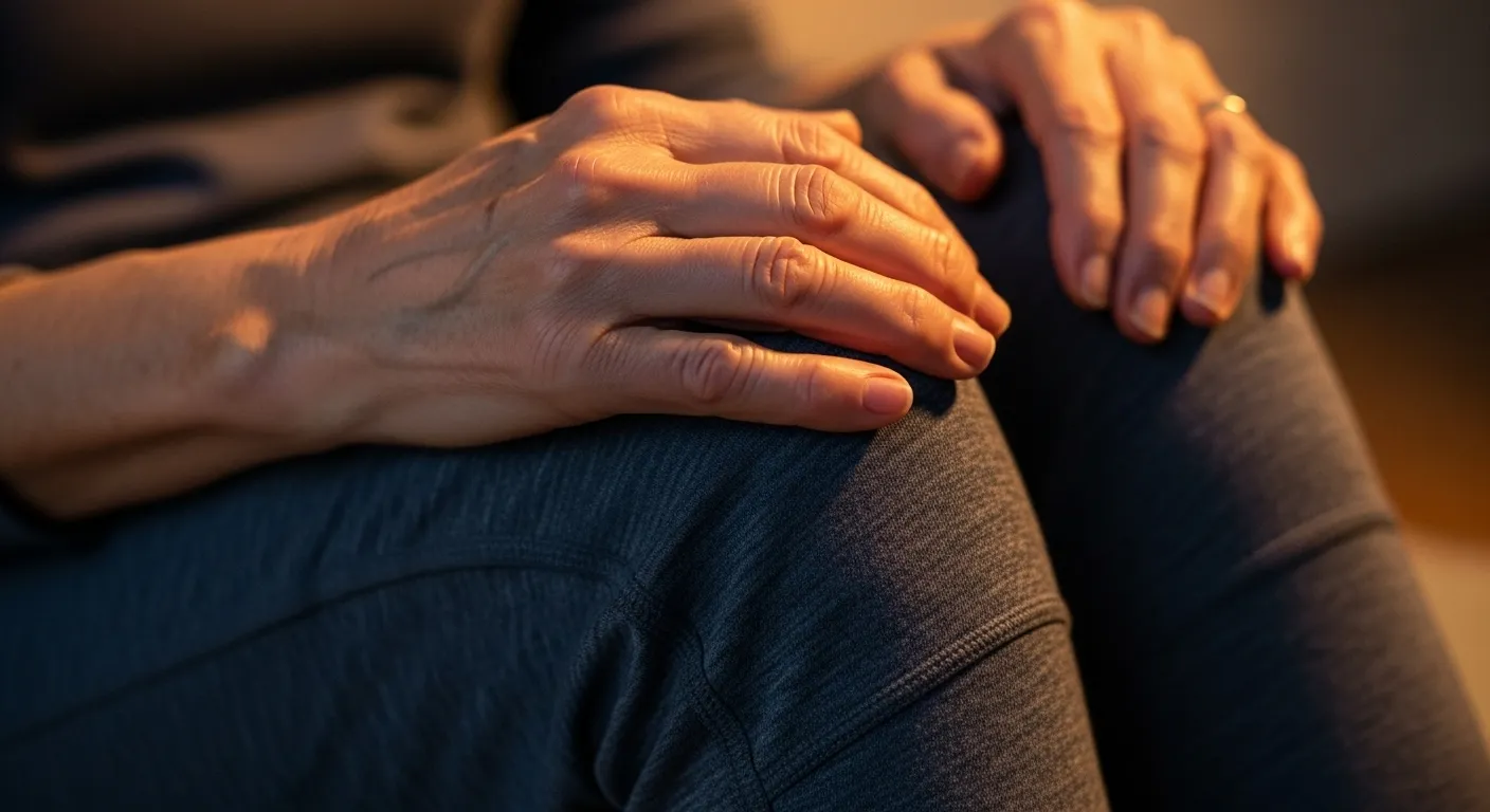 A close-up of a senior's hands resting peacefully on their knees while they practice seated yoga in a warmly lit room in the evening.