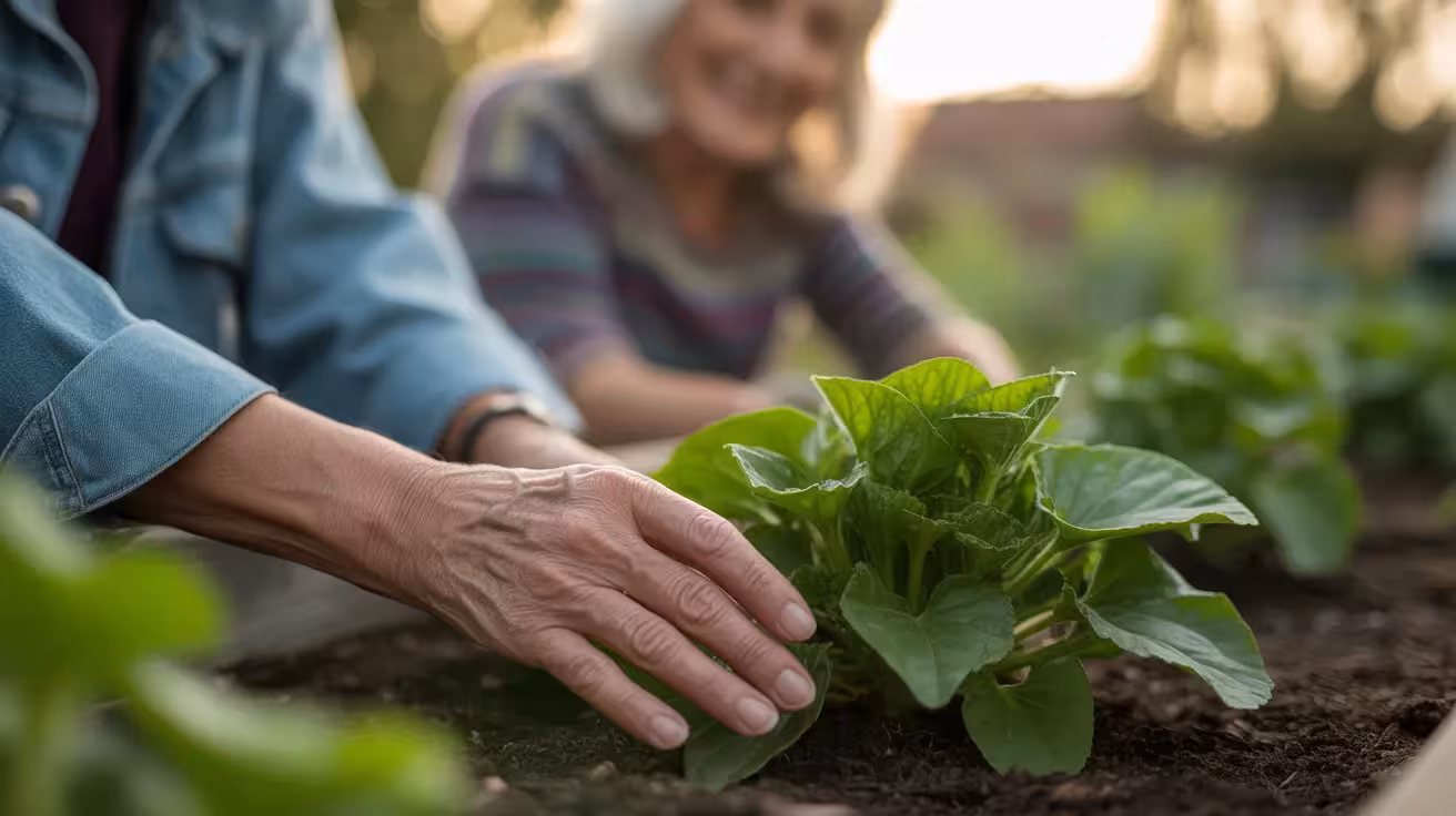 A close-up shot of a person's hands nurturing a small plant in a garden, with warm sunset light illuminating the scene.