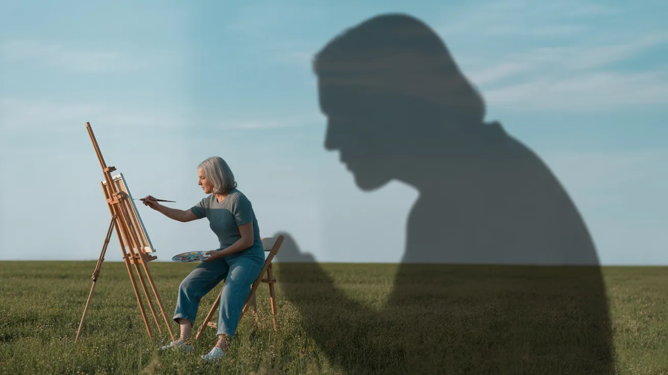 An ultra-wide view of a senior woman painting on an easel in a large, sun-drenched field. A long, sharp shadow stretches out behind her under the hars