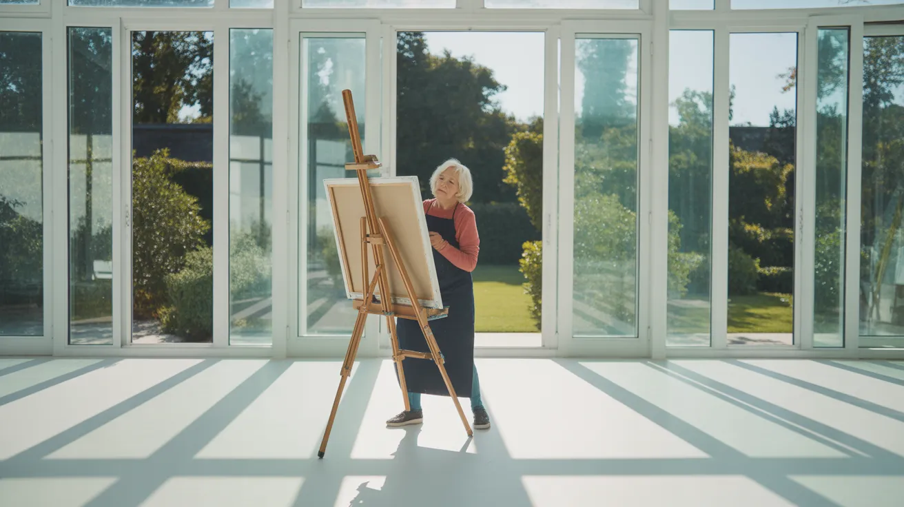 An older woman, absorbed in her work, paints at an easel in a spacious art studio with a large window and strong, sunny light casting long shadows.