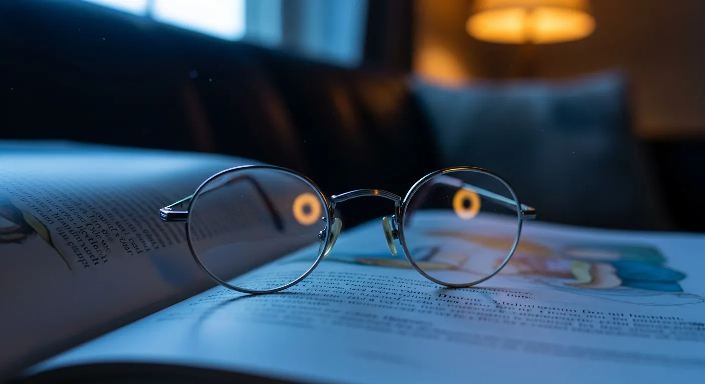 A close-up of reading glasses resting on a softly blurred storybook page, with a mix of cool evening light and warm lamplight.