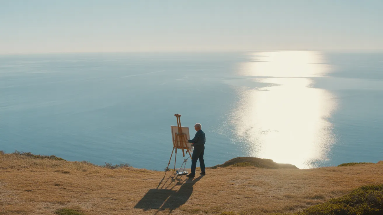 An older person paints on an easel at the edge of a cliff overlooking the ocean, seen from an expansive, ultra-wide perspective under a bright sun.