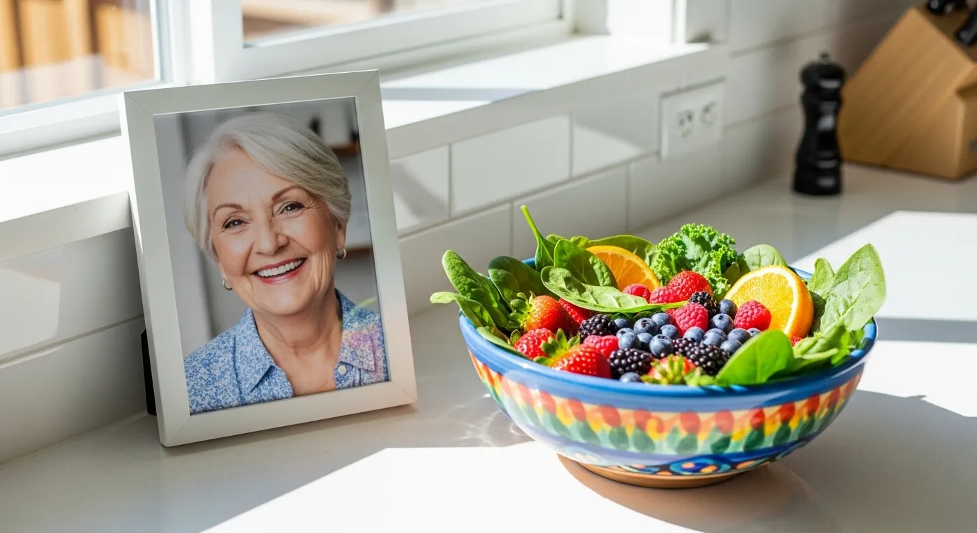 A framed photo of a happy senior woman in a sunlit kitchen next to a bowl of fresh, colorful fruit and vegetables on the counter.