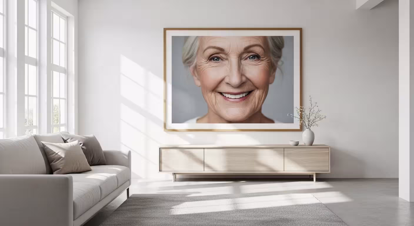 A wide view of a sunlit living room wall featuring a large framed close-up photograph of a smiling senior.