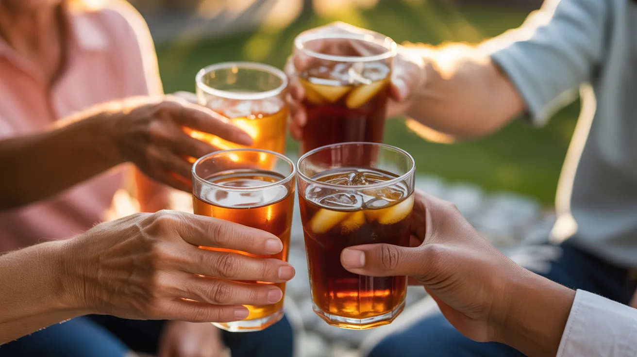 Close-up of senior friends' hands toasting with iced tea at sunset. A visible ripple disturbs the liquid's surface in one glass.