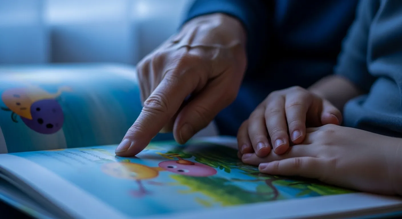 A close-up of a grandparent's hand guiding a grandchild through a storybook at twilight, a metaphor for receiving trusted advice.