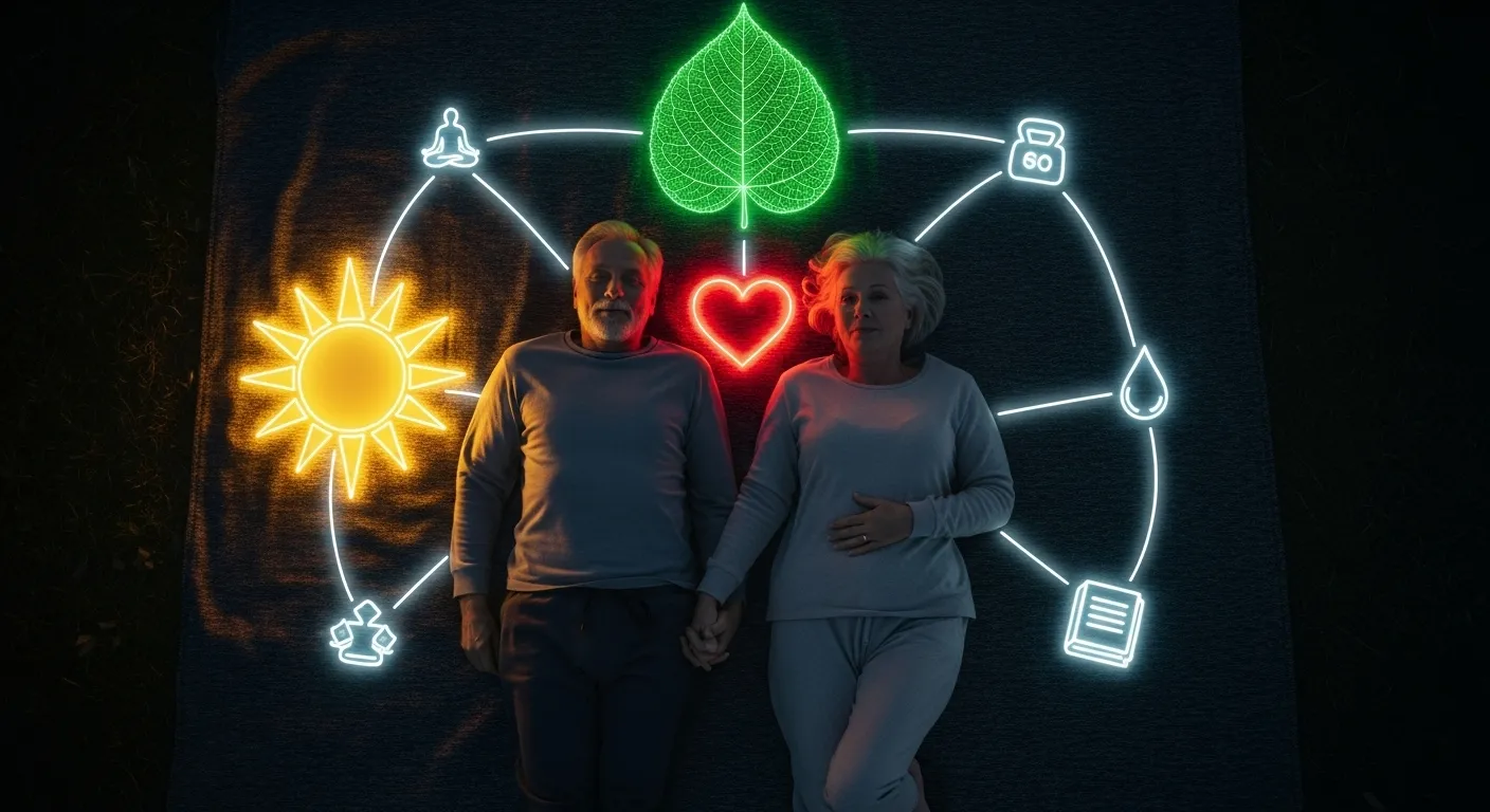 An older couple lies on a blanket, viewed from above, surrounded by a glowing constellation of health symbols connected by light.