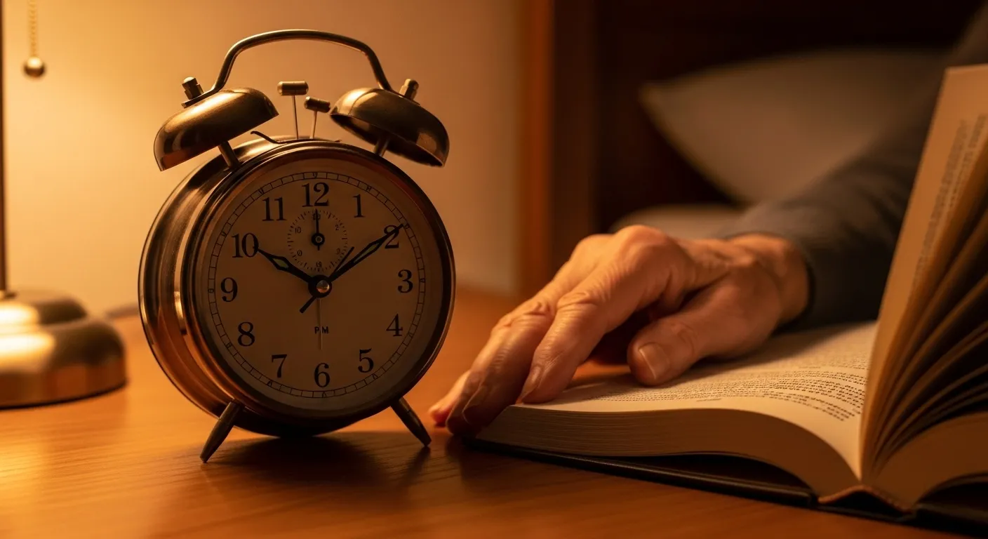 Close-up of an analog alarm clock on a nightstand set for 9 PM, with a senior's hand resting near a book, lit by a warm lamp.