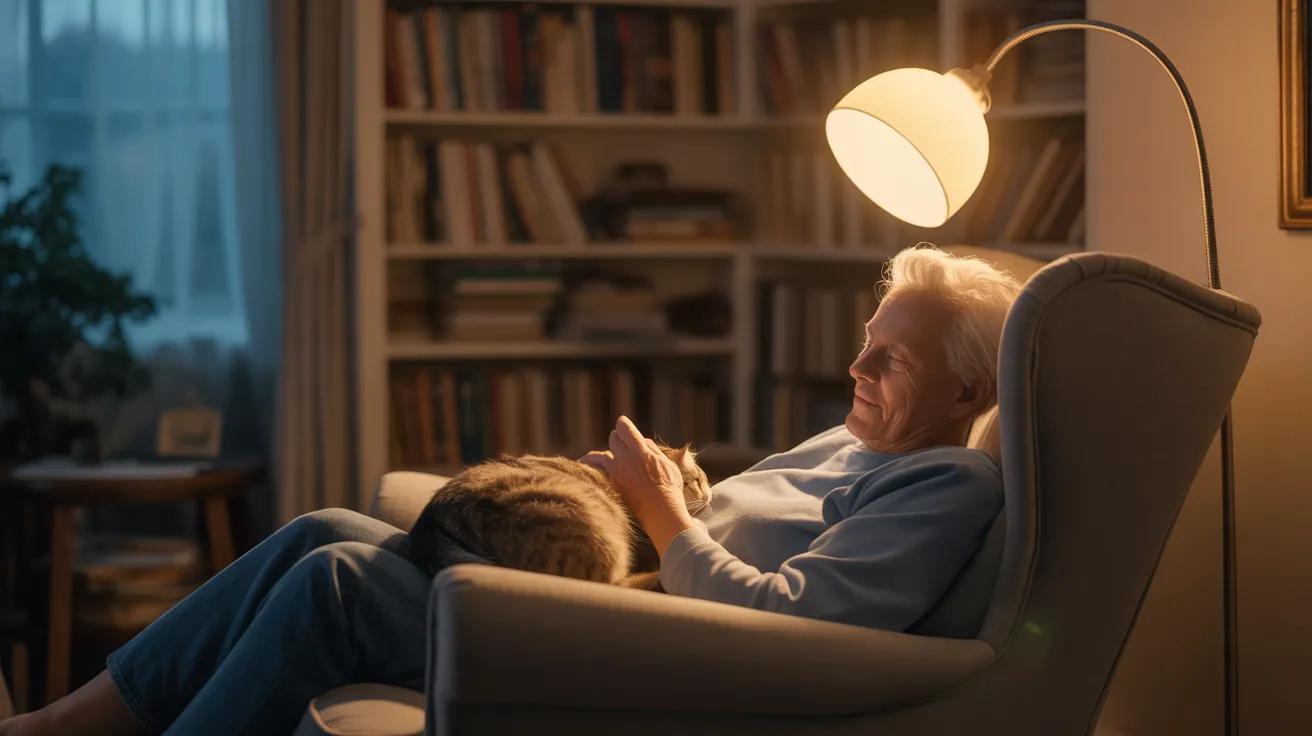 A wide view of a senior relaxing in an armchair in a warmly lit room, finding comfort while petting their cat.
