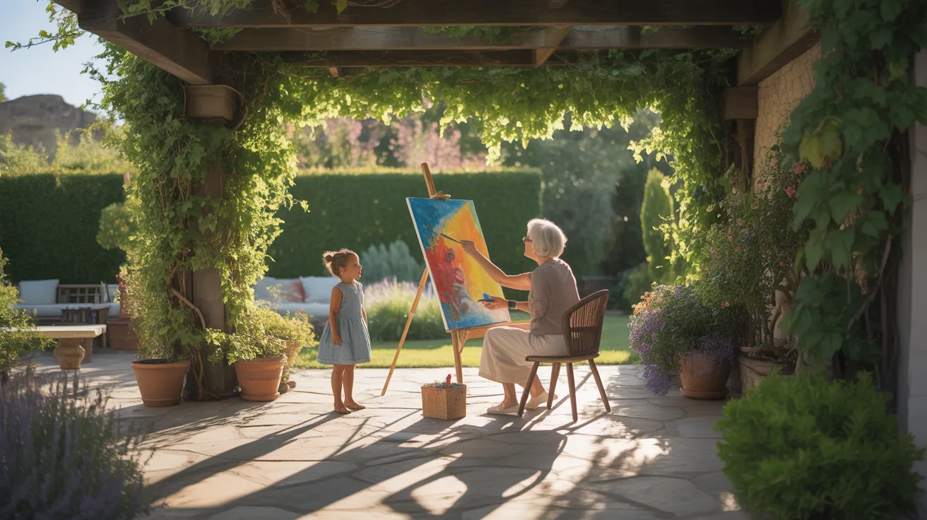 A senior woman paints in a sun-dappled garden while her grandchild watches her with interest under the harsh midday light.