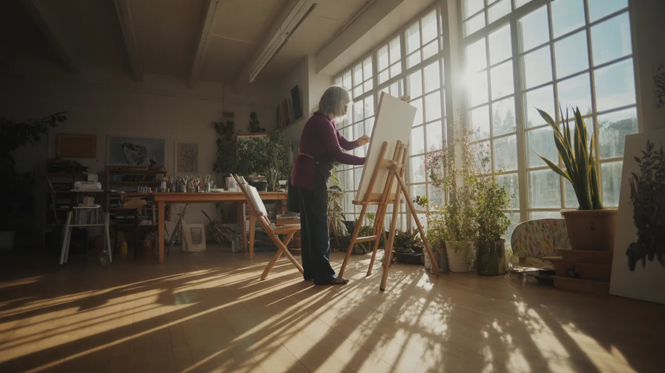 A senior woman stands painting at an easel in a bright, spacious art studio with strong sunlight creating dramatic shadows.