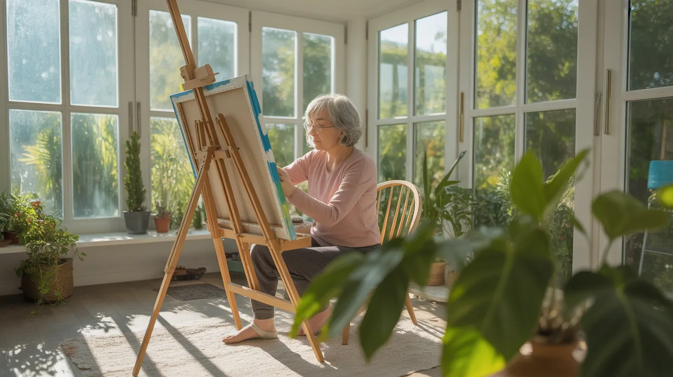 An ultra-wide view of a senior woman painting in a sun-drenched room with strong shadows, completely absorbed in her creative hobby.