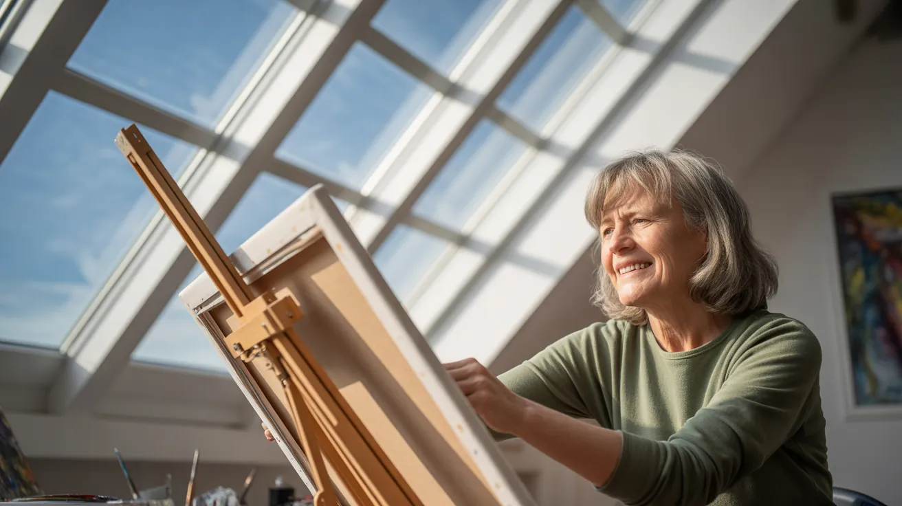 An older woman in a vibrant, sunlit art studio, seen from an ultra-wide angle as she passionately paints on a large canvas.