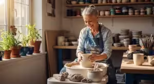 A happy senior woman with a warm smile enjoys making pottery in her sunlit home studio, showcasing a fulfilling and creative hobby.