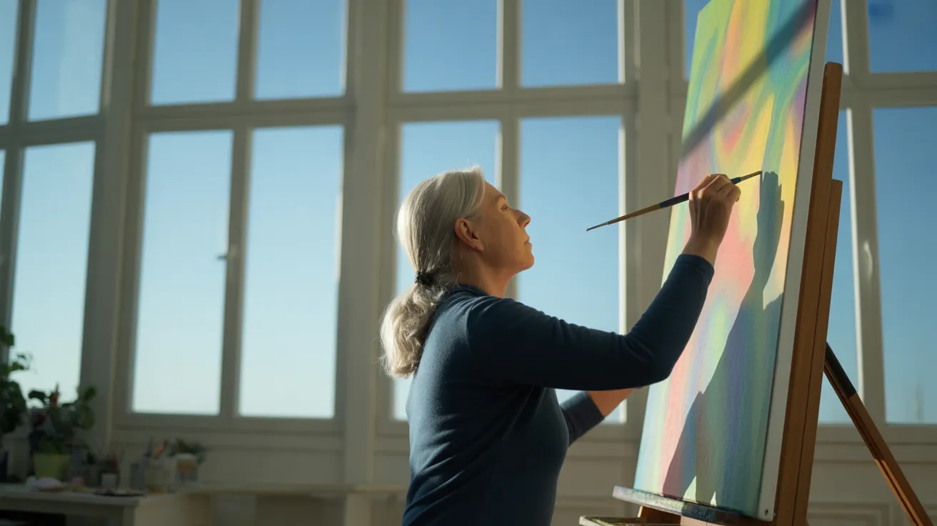 A senior woman in her sun-drenched home art studio, intently painting a large canvas. Strong sunlight creates long shadows across the room.