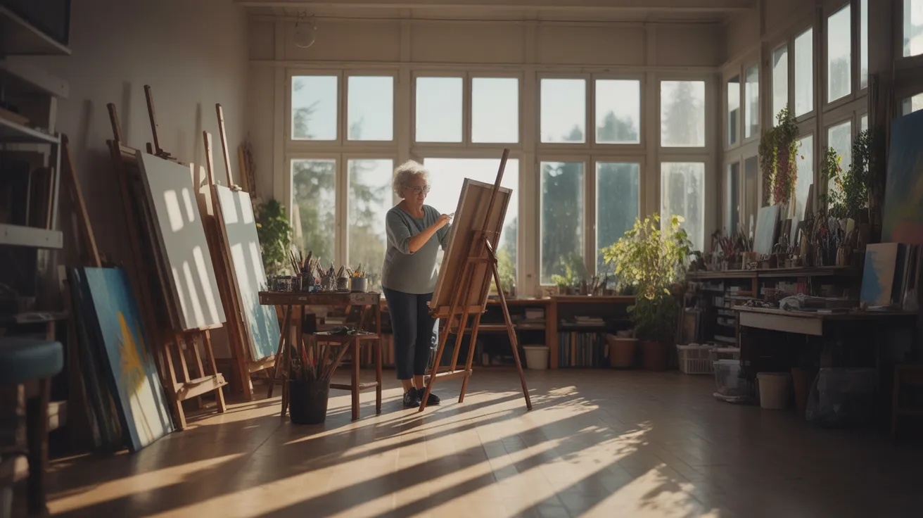 An ultra-wide view of a senior woman's art studio, where she stands painting at an easel in a pool of bright midday sunlight from a large window.