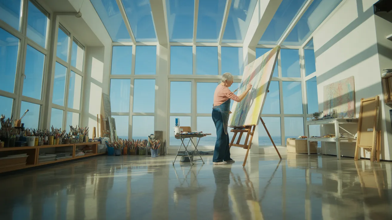 A senior woman paints at an easel in a sun-drenched studio, with an ultra-wide view showing the entire creative space and strong shadows.