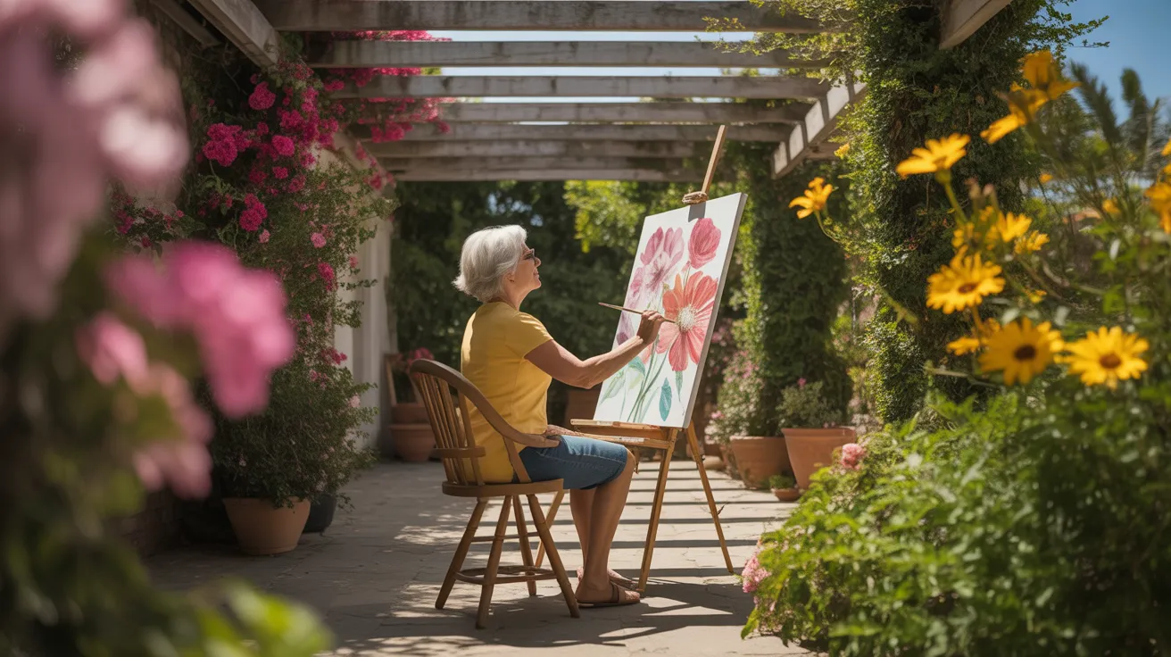 An ultra-wide view of a senior woman painting in her lush garden under the bright midday sun, creating strong, artistic shadows.