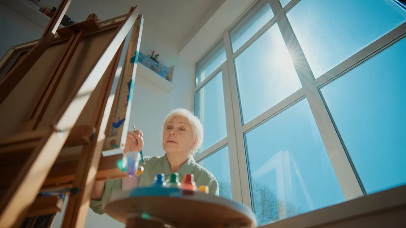 A senior woman, seen from the side, painting on a canvas in a sun-drenched room with strong shadows.