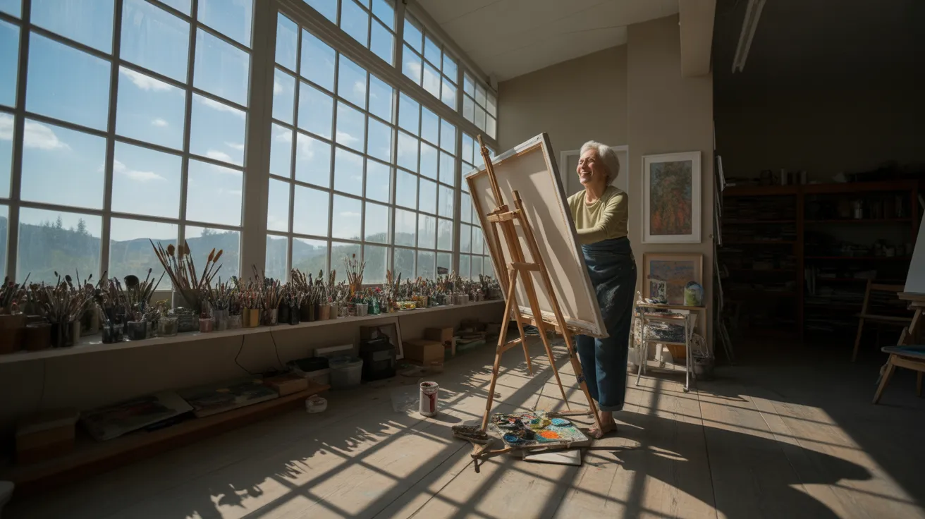 An elderly woman, energized and focused, paints at an easel in a bright, sun-drenched studio with strong shadows and a wide view of her creative space