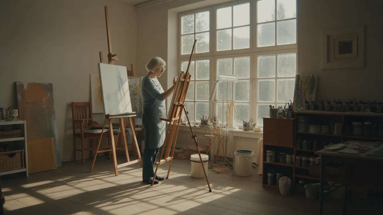 An ultra wide view of a sunlit art studio where a senior woman is passionately painting at her easel, with strong light casting long shadows.