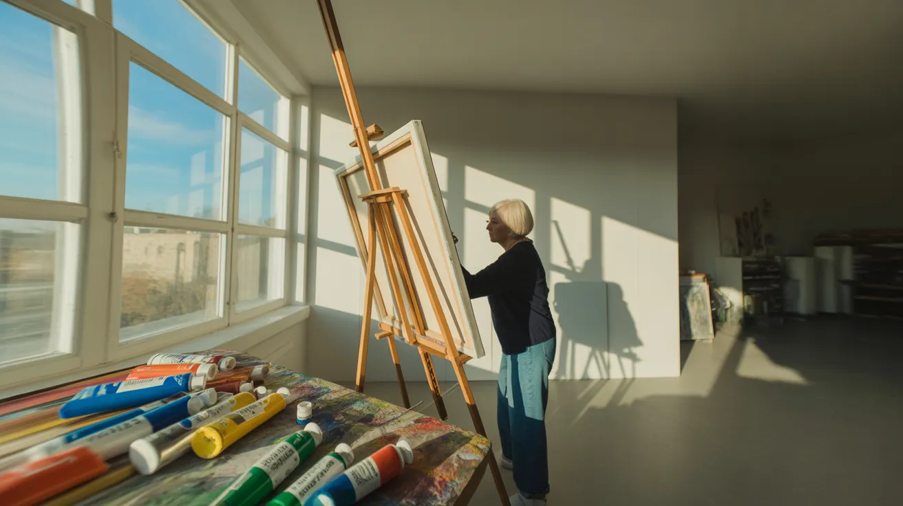 A senior woman, seen from the side, passionately paints on a large canvas in her sun-drenched studio corner. The light is bright and harsh.