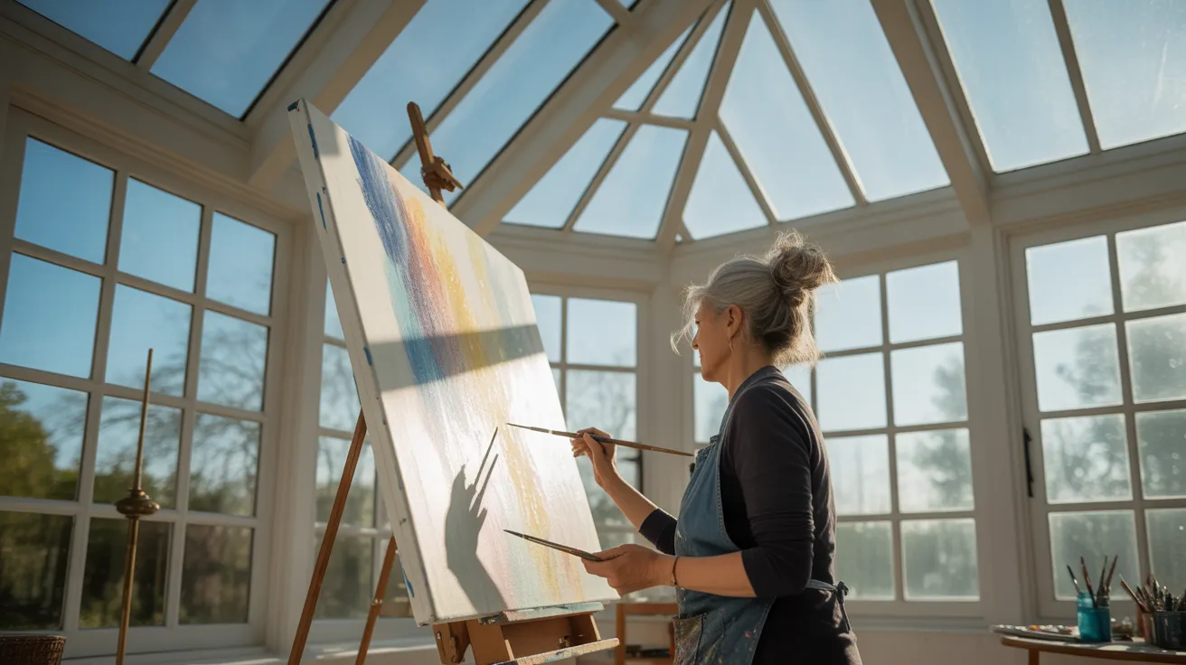 A senior woman paints at an easel in her sun-drenched home art studio, with strong sunlight creating dramatic shadows across the room.