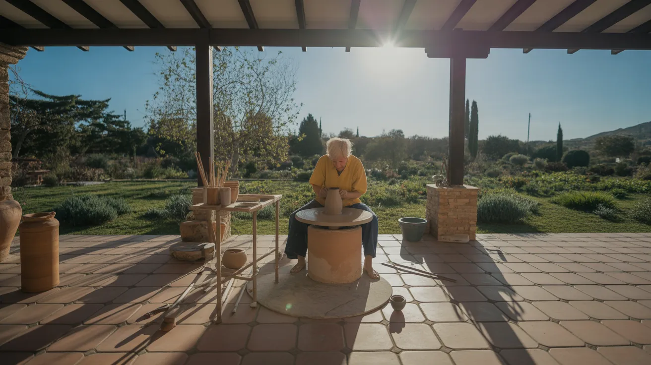 An ultra-wide view of a senior working at a pottery wheel on a sunny patio, with strong shadows and a lush garden in the background.