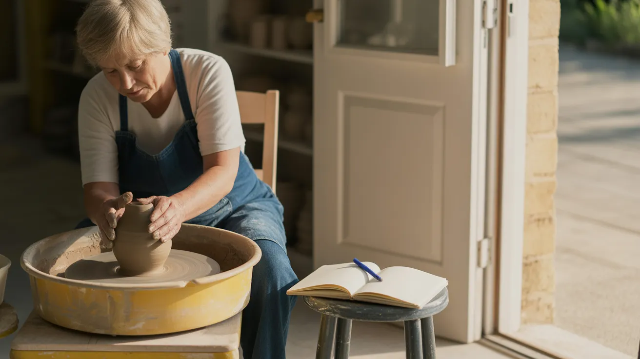 An ultra-wide view of a senior woman at her pottery wheel in a sunlit studio; a small notebook rests on a nearby stool.