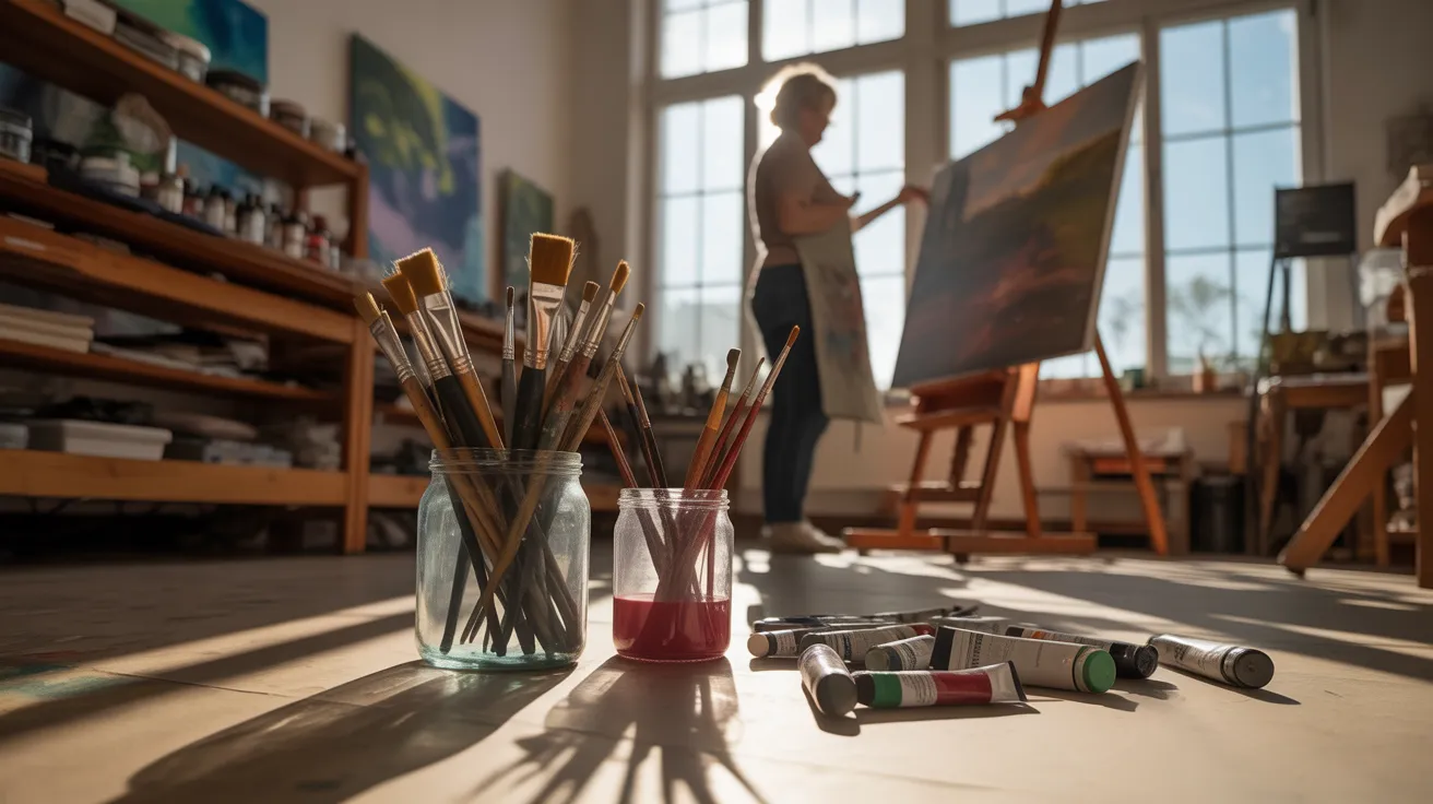 A senior woman painting in her bright studio, seen from a low, wide angle that emphasizes her art supplies in the foreground.