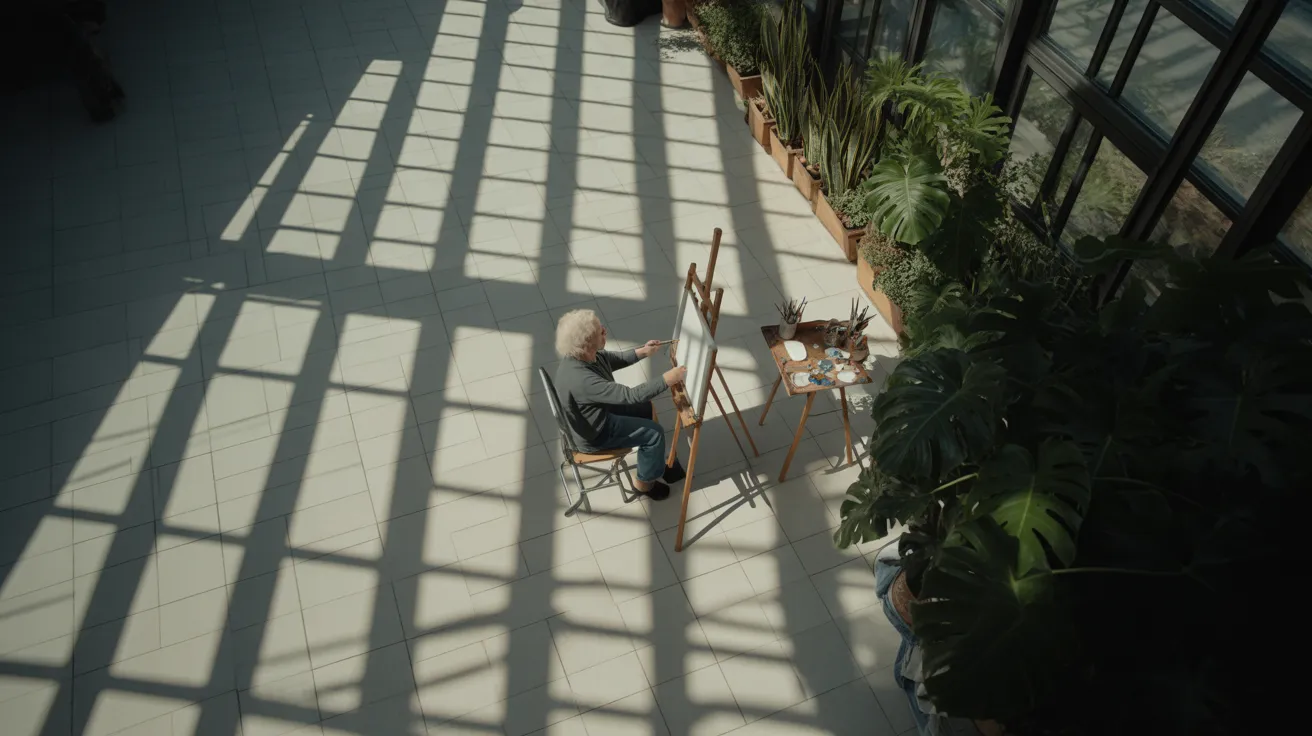 A senior artist stands at an easel, painting in a bright sunroom. Strong sunlight creates dramatic, geometric shadows on the floor.