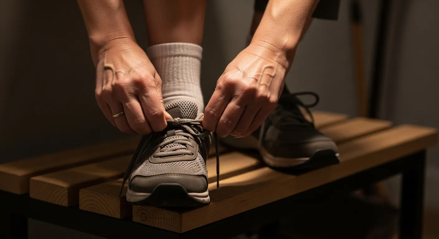 Close-up on a senior's hands untying walking shoes in an entryway, warmly lit by a soft lamp in the evening.