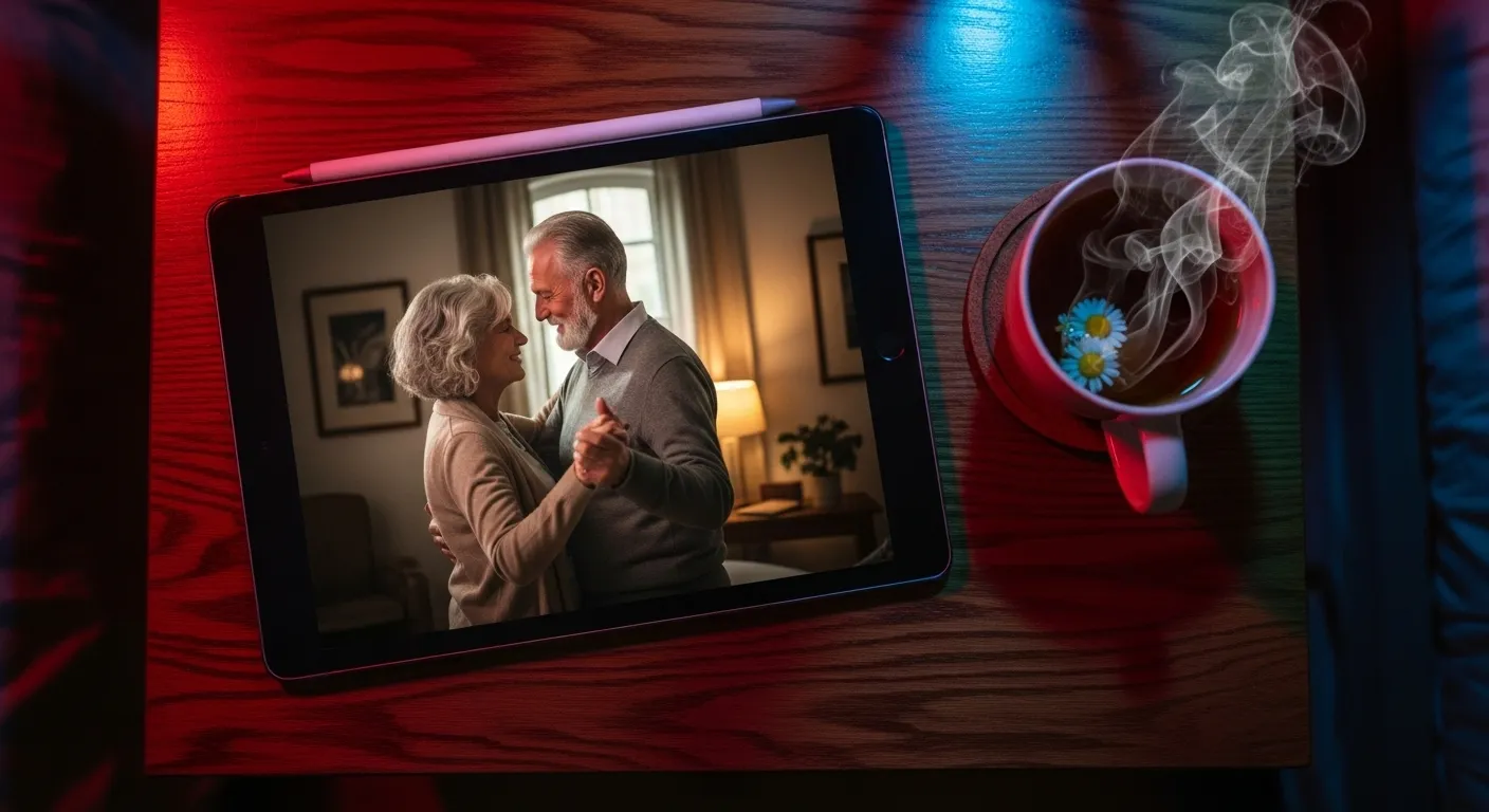 An overhead view of a tablet showing a photo of a senior couple dancing. A cup of herbal tea sits beside it, with neon city lights reflecting on the t