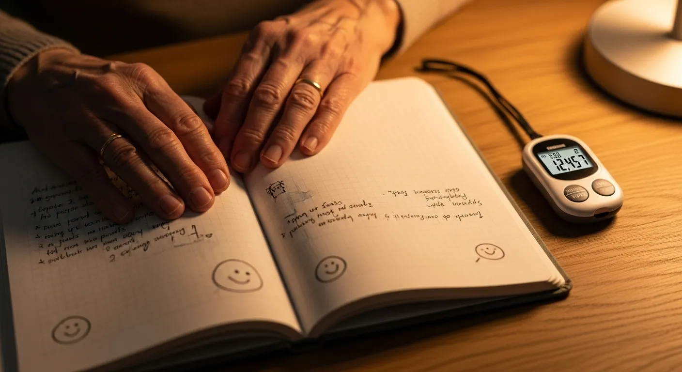 A close-up of a senior's hands on a wellness journal next to a pedometer, lit by a warm evening lamp.
