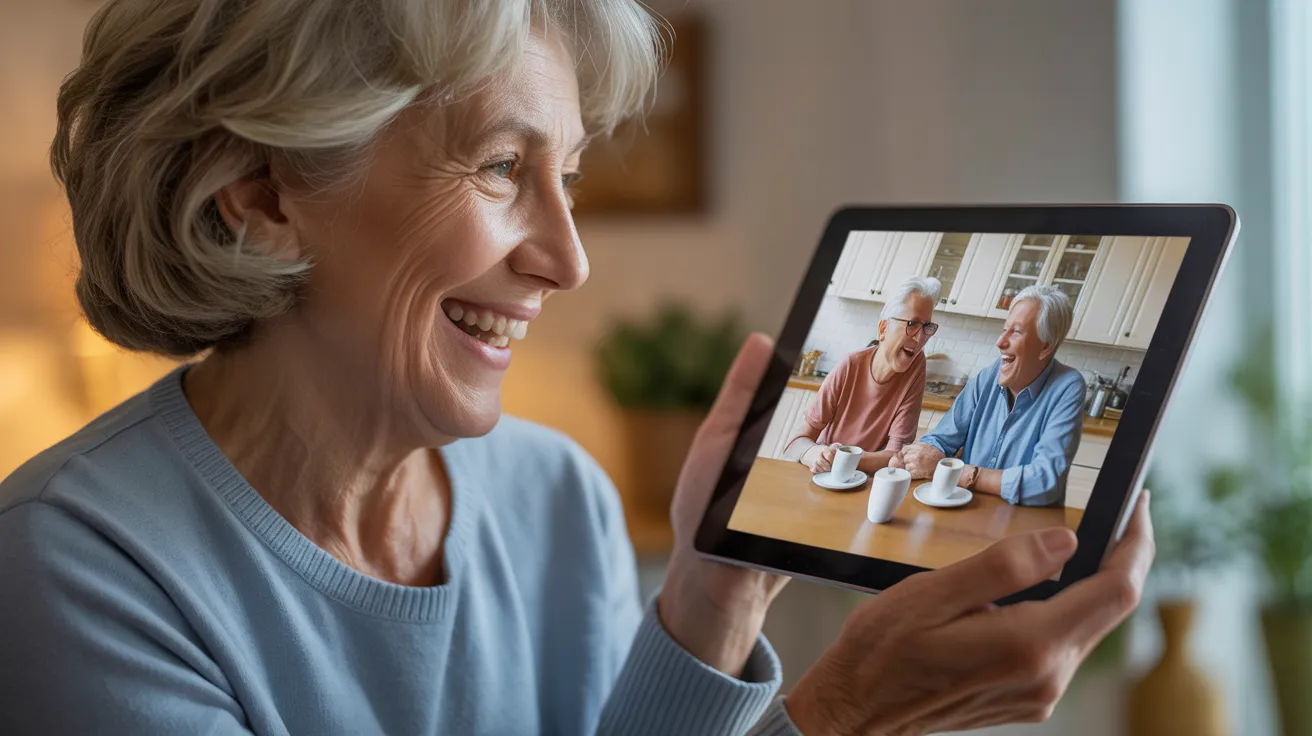 A senior woman smiles while holding a tablet, video chatting with a happy senior couple who are visible and laughing on the screen.