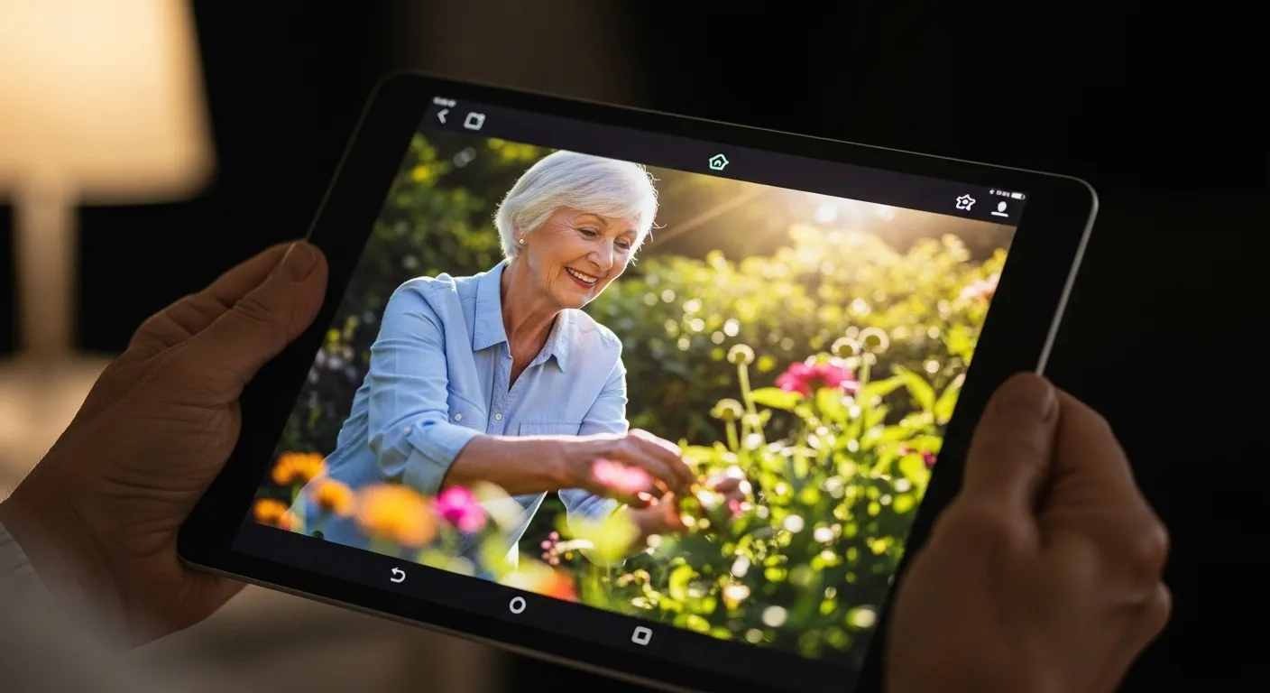 A close-up of a tablet displaying a photo of a senior woman happily gardening, held in a room lit by a warm evening lamp.