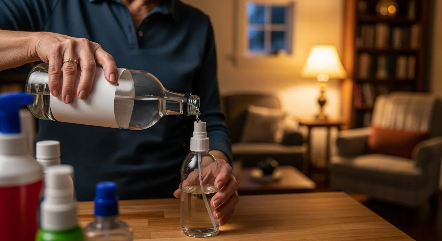 A senior woman's hands pour a clear liquid from a measuring cup into a glass spray bottle on a kitchen counter in the evening.