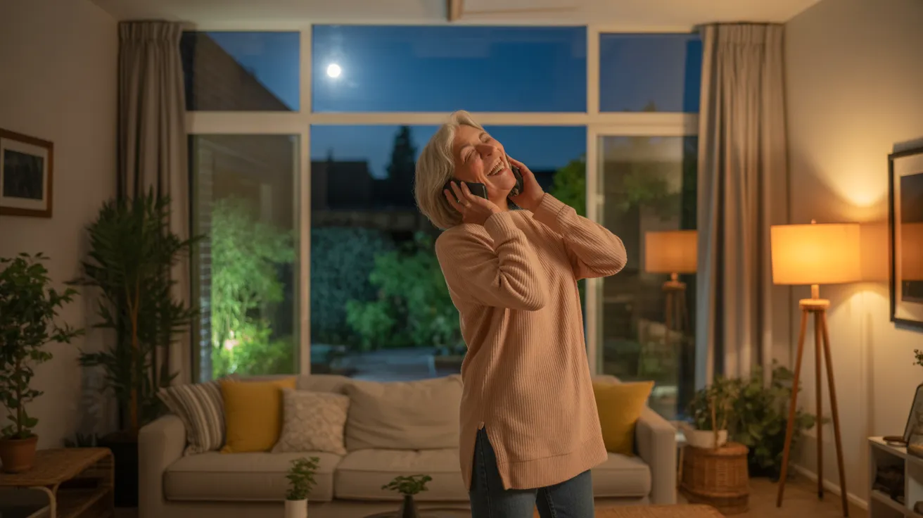 A senior woman laughs on the phone in her softly lit living room, with a beautiful moonlit garden visible through a large window at night.