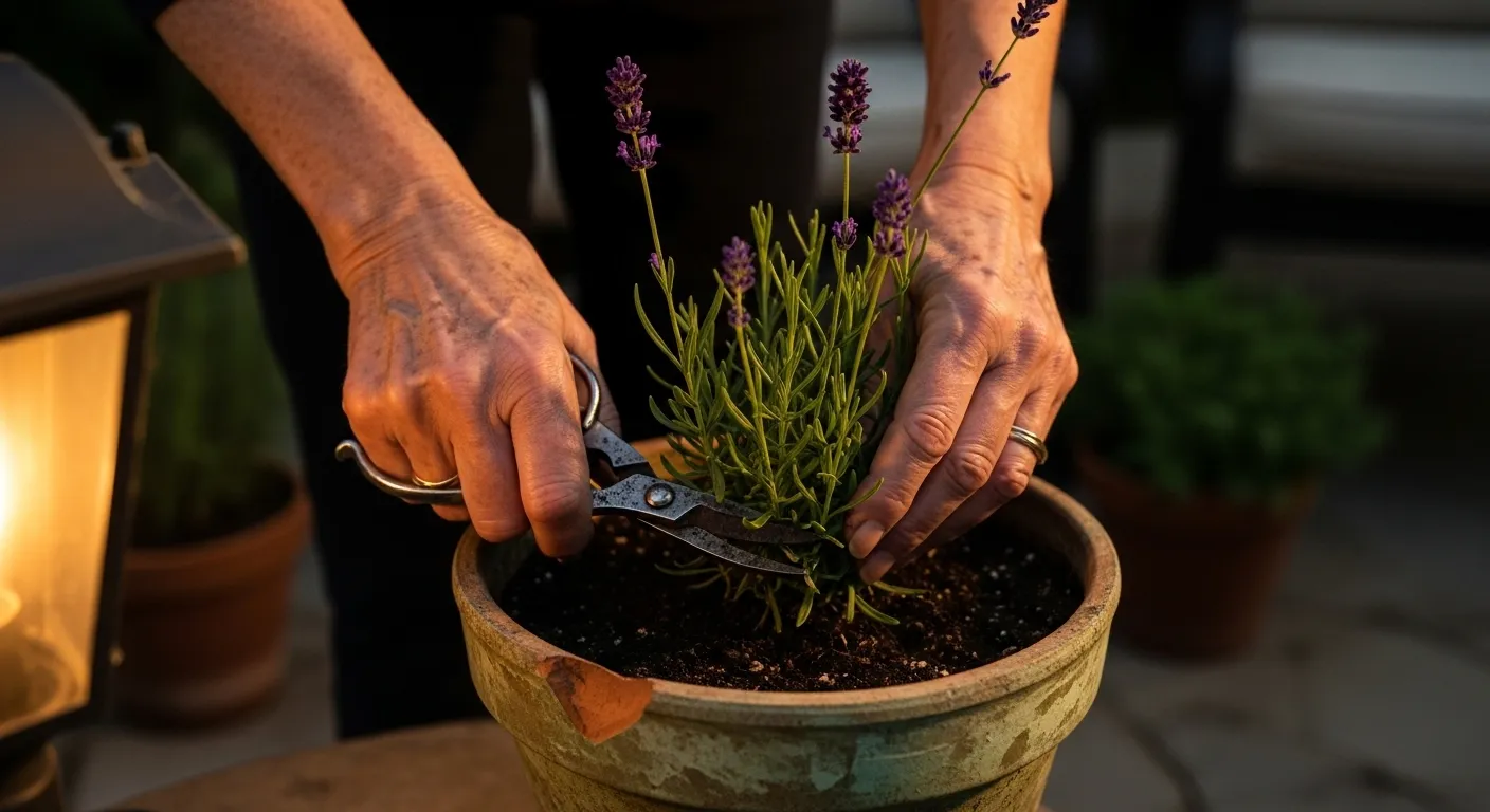 A close-up of a senior's hands carefully tending to a lavender plant in the evening, warmly lit by a soft outdoor light.