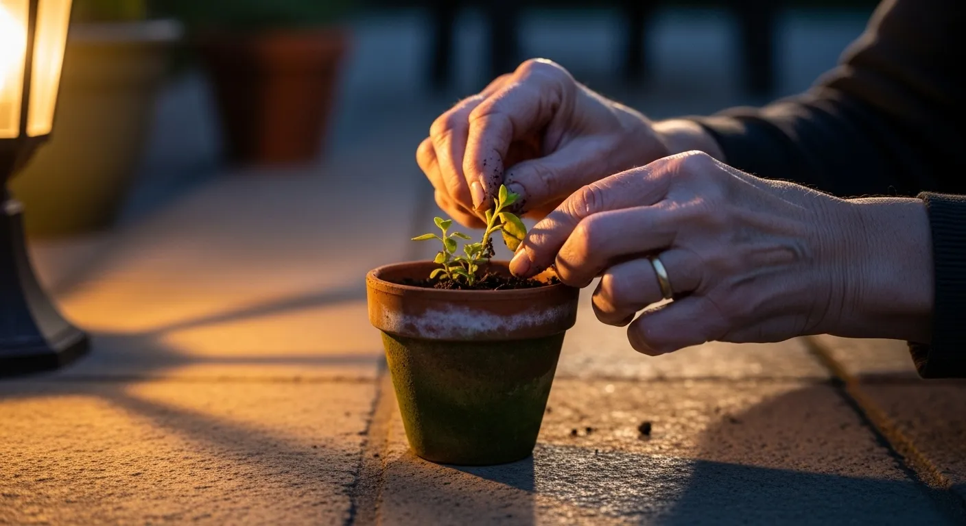 A close-up of an older person's hands carefully tending to a leafy green plant in a terracotta pot during the evening.
