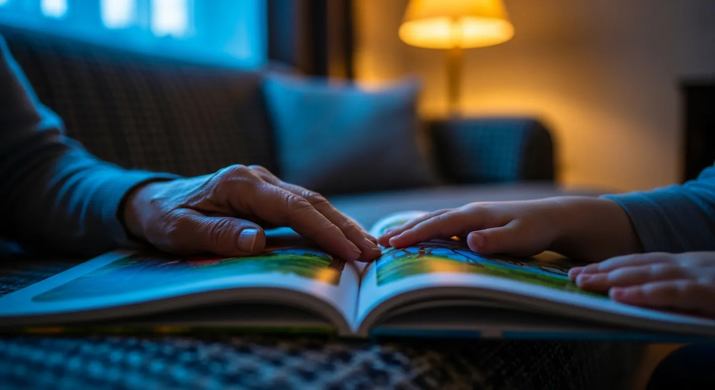 An extreme close-up of a grandparent's and grandchild's hands touching as they rest on the pages of a book in soft evening light.
