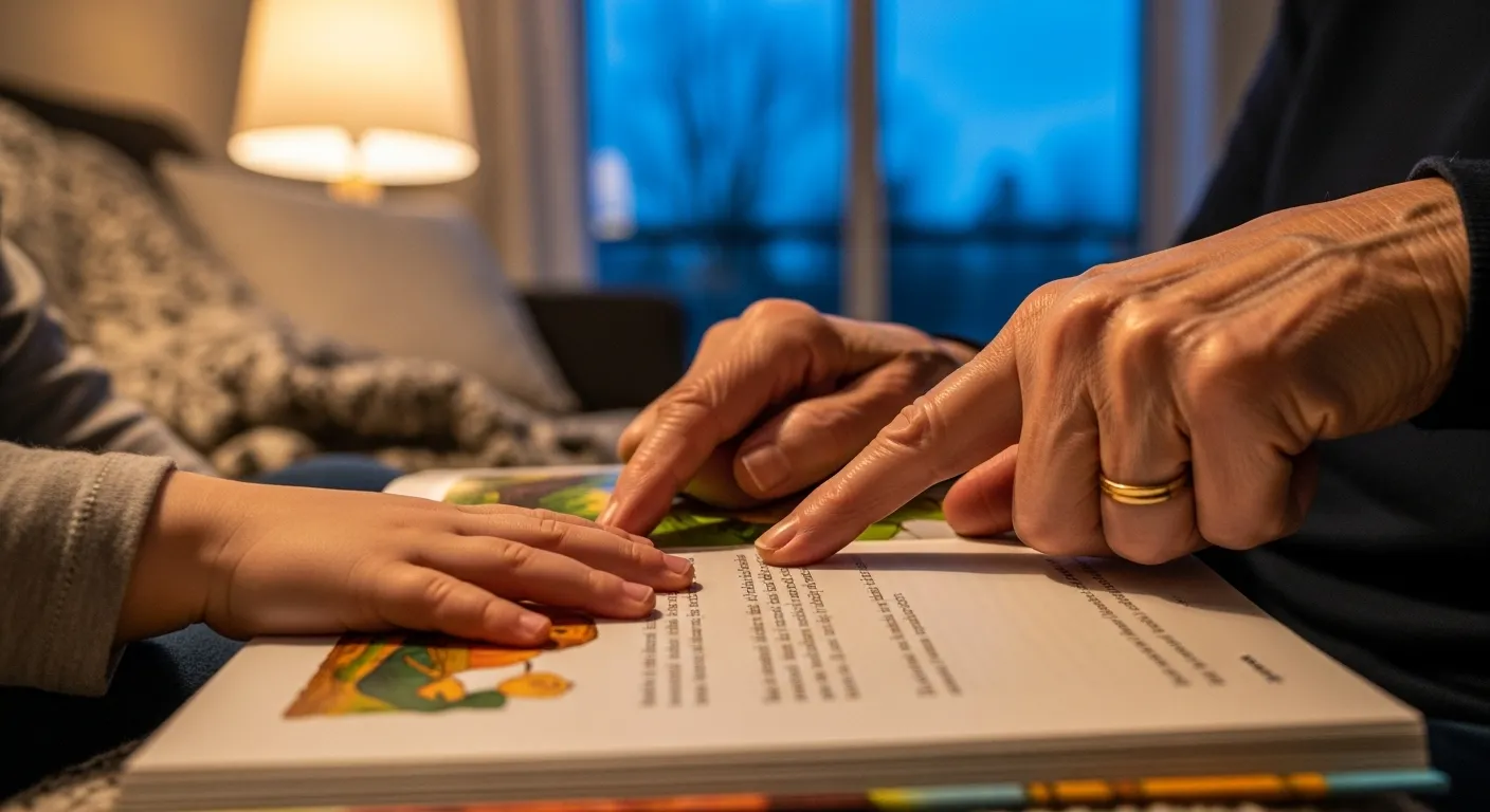 A close-up macro photo of a grandchild's hand and a grandparent's hand together on the page of a storybook during a quiet evening.