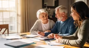 A senior couple and a younger woman sit together at a sunlit dining table with papers, the senior woman smiling with a look of relief.