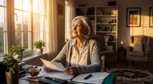 A senior woman smiles peacefully while sitting at her tidy desk in a bright, sunlit room, conveying a sense of calm and financial well-being.