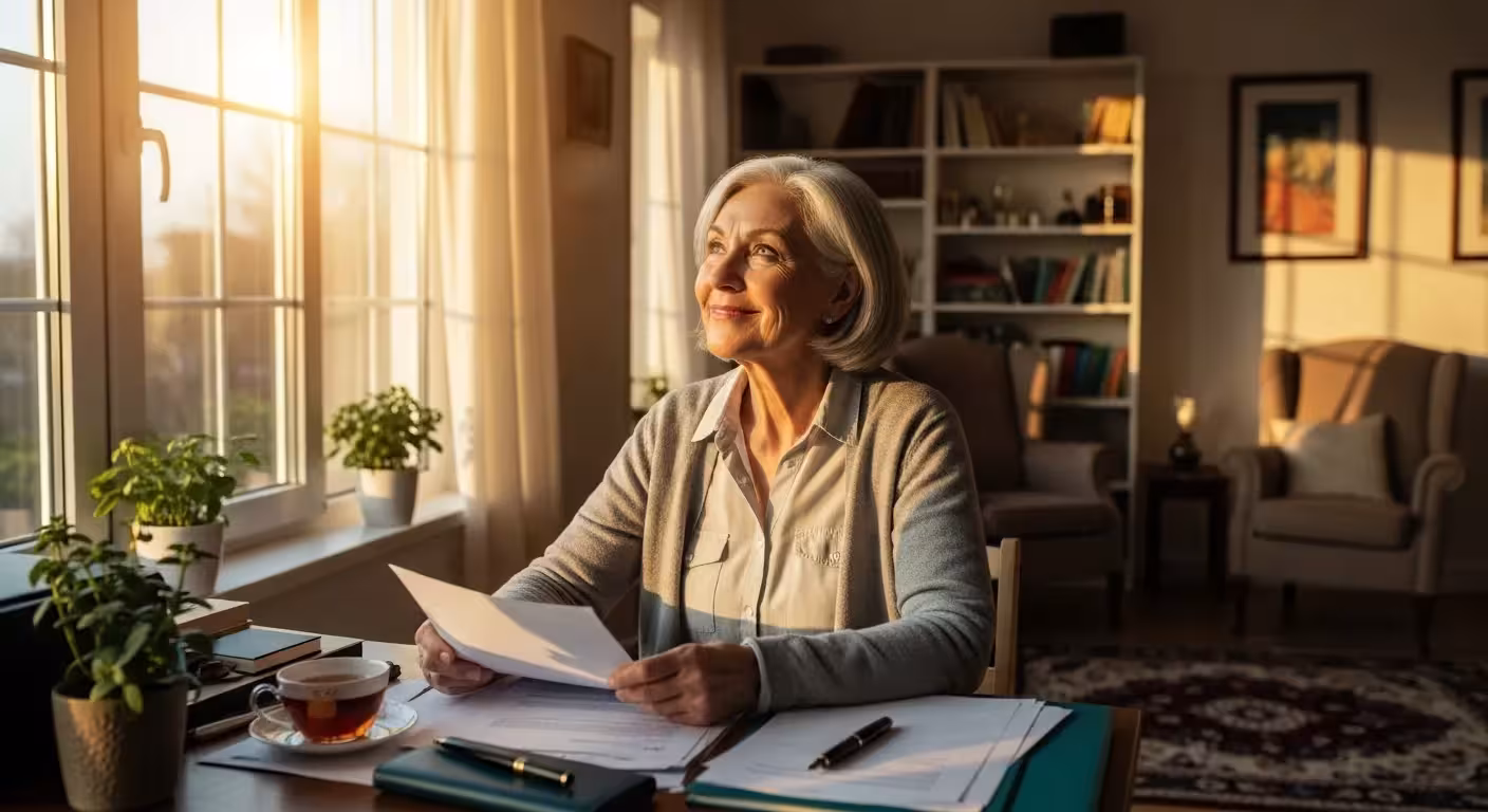 A senior woman smiles peacefully while sitting at her tidy desk in a bright, sunlit room, conveying a sense of calm and financial well-being.