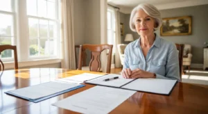 A senior woman sits at a sunlit dining table with some papers, smiling contentedly, feeling secure and in control of her finances.